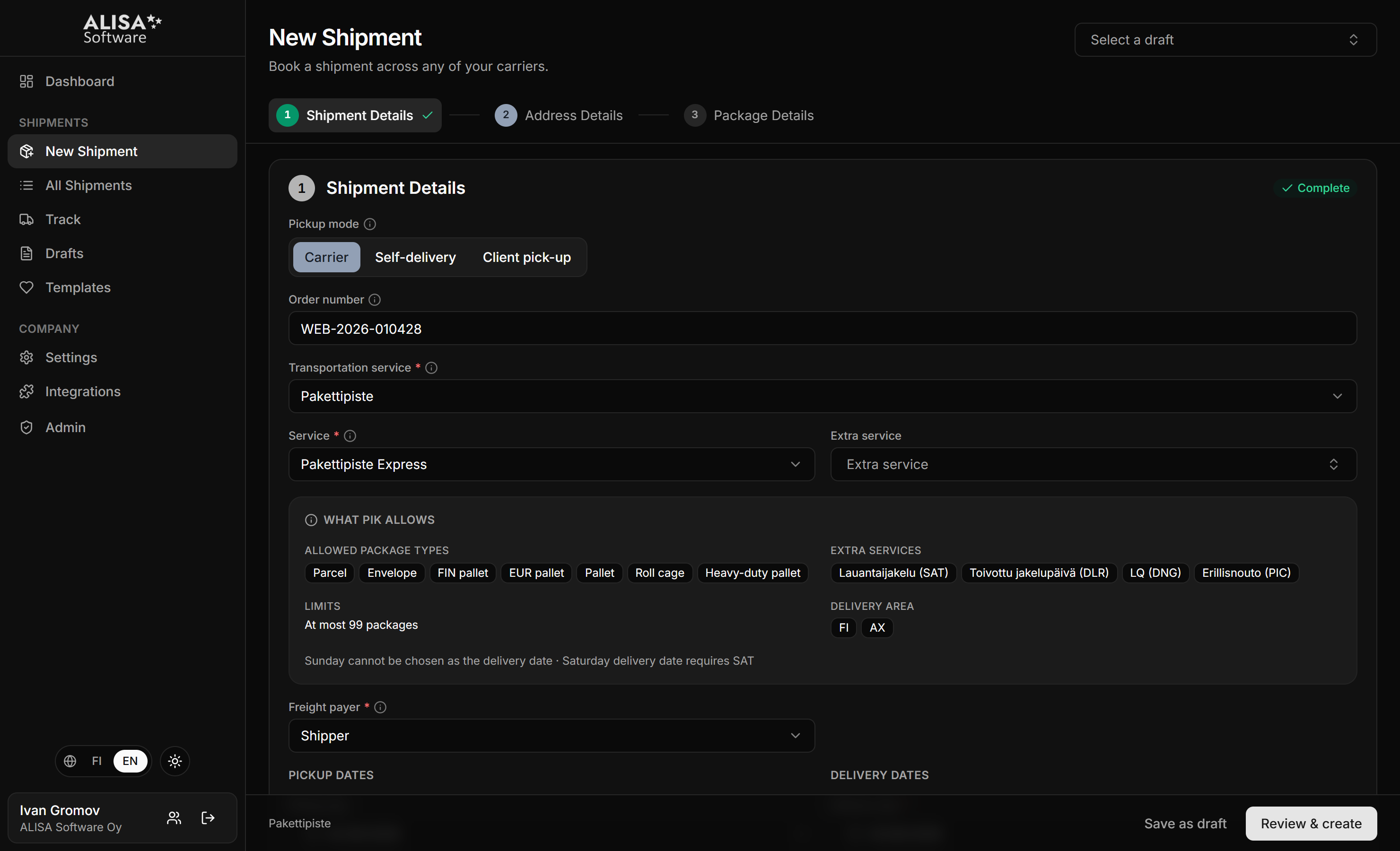 The new shipment form in the ALISA portal, with shipment details complete and addresses in progress