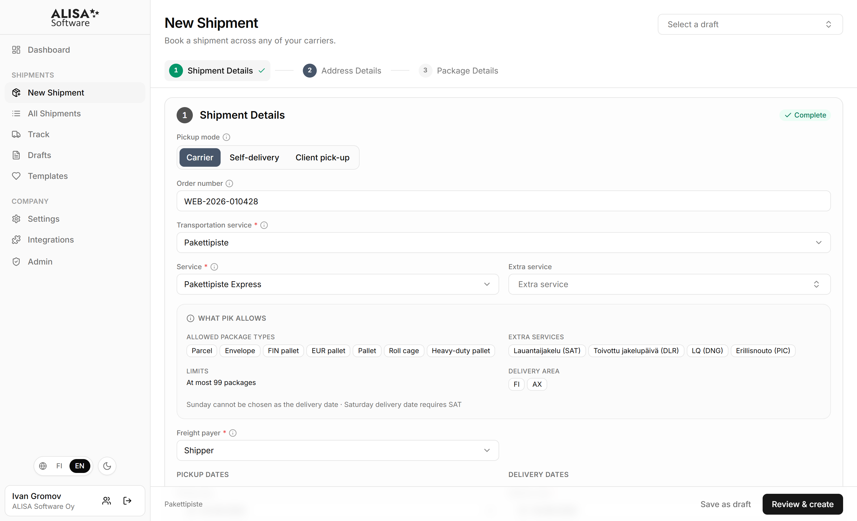 The new shipment form in the ALISA portal, with shipment details complete and addresses in progress